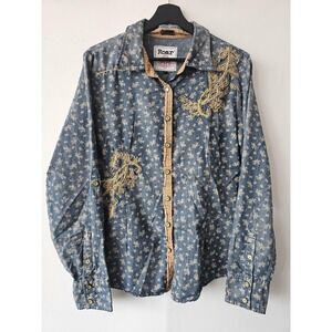 Roar Shirt Womens XL Blue Gold Embroidered Denim Rhinestone‎ Western Floral Snap